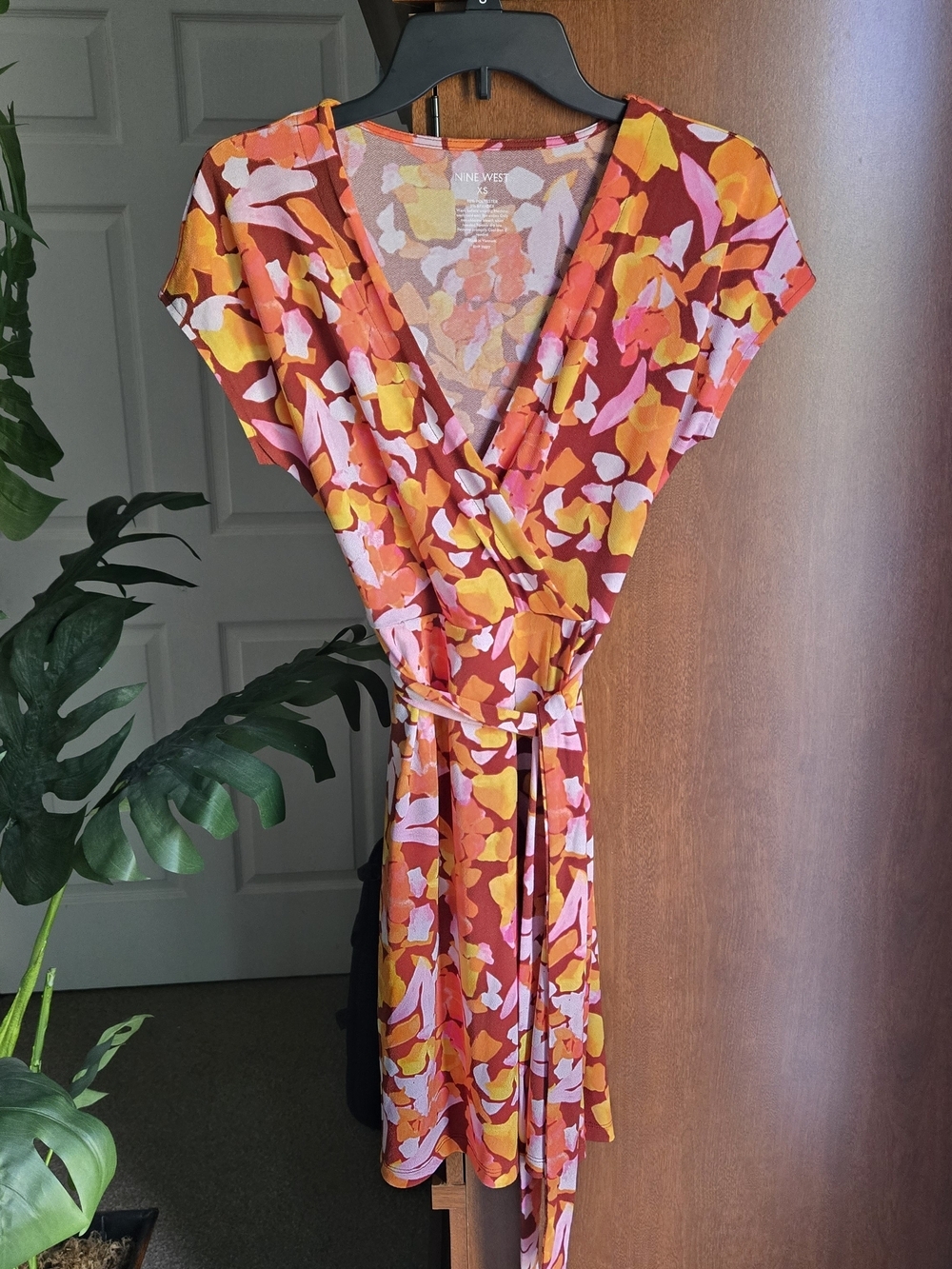 Nine West Orange Pink Yellow Floral Wrap Mini Dress